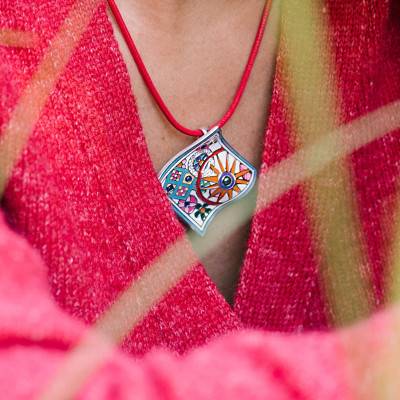 Red Oiled Cotton & 925 Silver Rope Necklace, Length 42 cm to 45 cm - Una Storia