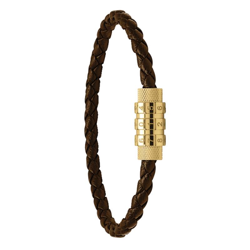 Locker Brown Braided Leather & Gold-Tone Steel Bracelet, Width 5 mm, Length 21 cm - HB3686 - Rochet