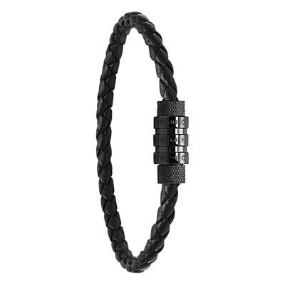 Black Braided Leather & Steel Locker Padlock Bracelet, Length 21 cm, Width 5 mm - HB3681 - Rochet