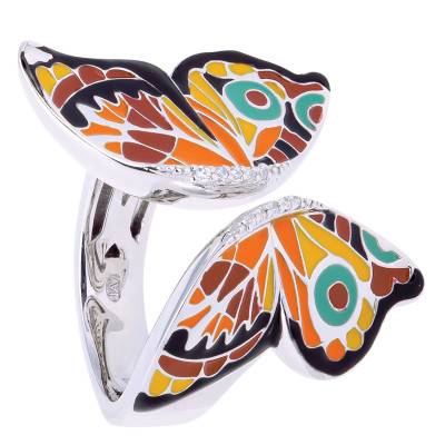 Bague Papillon Ouverte en Argent 925, Laque Multicolore & Zircones Blanches - Una Storia