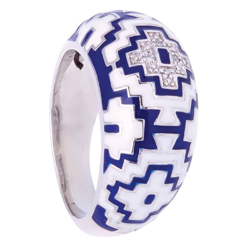 925 Silver White Cubic Zirconia & Two-Tone Lacquer Aztec Ring - Una Storia
