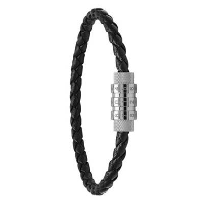 Black Braided Leather and Steel Locker Bracelet, Length 21 cm, Width 5 mm - HB3680 - Rochet