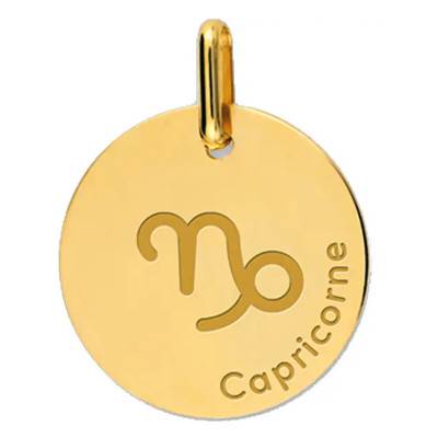 Yellow Gold 375/1000 or 750/1000 Capricorn Zodiac Medal, 16 mm Diameter - Lucas Lucor