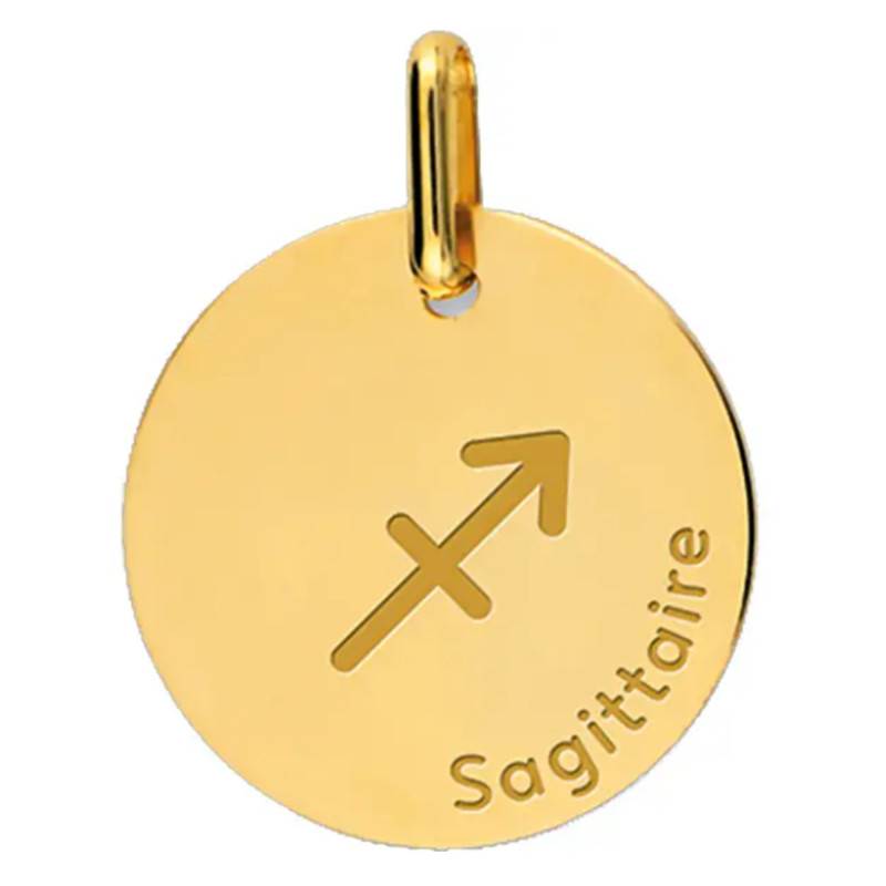Yellow Gold 375 or 750 Engravable Sagittarius Zodiac Sign Medal, 16 mm Diameter - Lucas Lucor