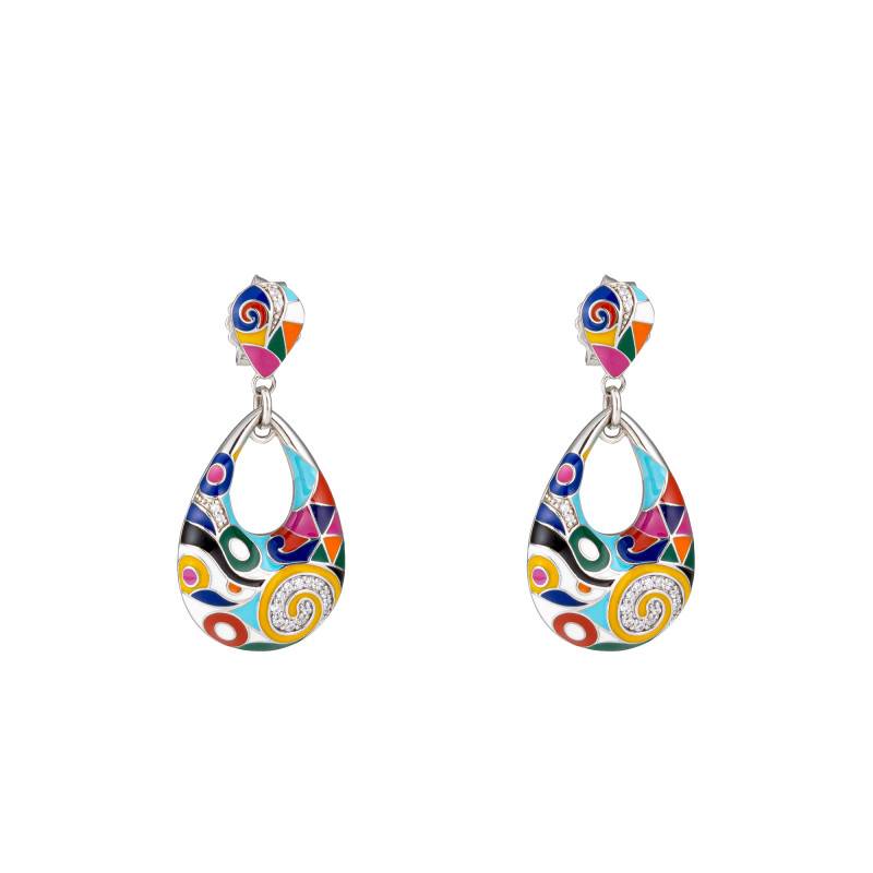 Marina 925 Silver, White Zirconium Oxide & Multicolor Lacquer Drop Earrings - Una Storia