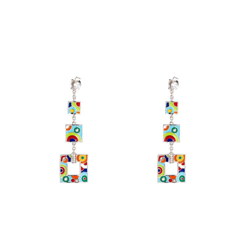 Bahia 925 Silver, White Cubic Zirconia & Multicolor Lacquer Drop Earrings - Una Storia