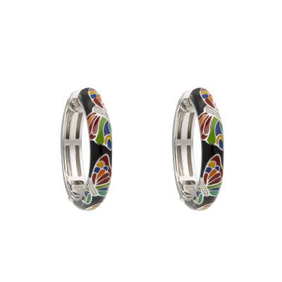 Créoles Papillon en Argent 925, Laque Multicolore & Zircones Blanches, Diamètre 30 mm - Una Storia