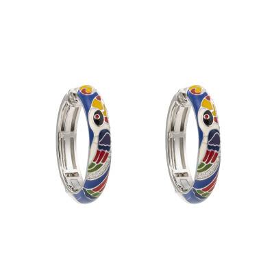 Créoles Toucan en Argent 925, Laque Multicolore & Zircones Blanches, Diamètre 30 mm - Una Storia
