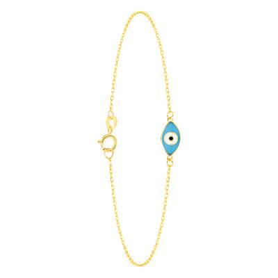 Bracelet Mauvais Oeil Bleu en Or Jaune 375, Longueur 19 cm, Largeur 4 mm - Emanessence
