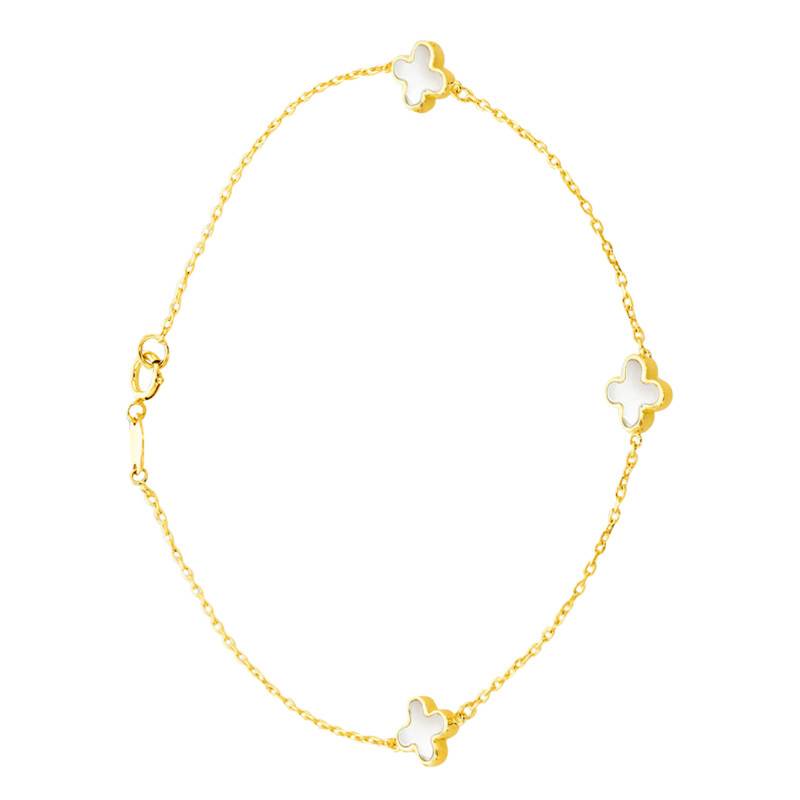 375/1000 Yellow Gold & Mother-of-Pearl Clover Bracelet, Length 19 cm, Width 1.65 mm - Emanessence
