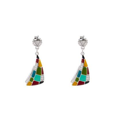 Boucles d'oreilles Mosaïque en Argent 925, Laque Multicolore & Zircones Blanches - Una Storia