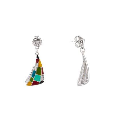 Boucles d'oreilles Mosaïque en Argent 925, Laque Multicolore & Zircones Blanches - Una Storia