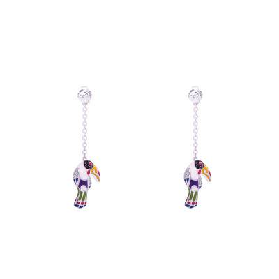 Boucles d'oreilles Toucan en Argent 925, Laque Multicolore & Zircones Blanches - Una Storia
