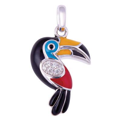 Pendentif Toucan en Argent 925, Laque Multicolore & Zircones Blanches - Una Storia