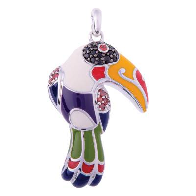 Pendentif Toucan en Argent 925, Laque & Zircones Multicolore - Una Storia