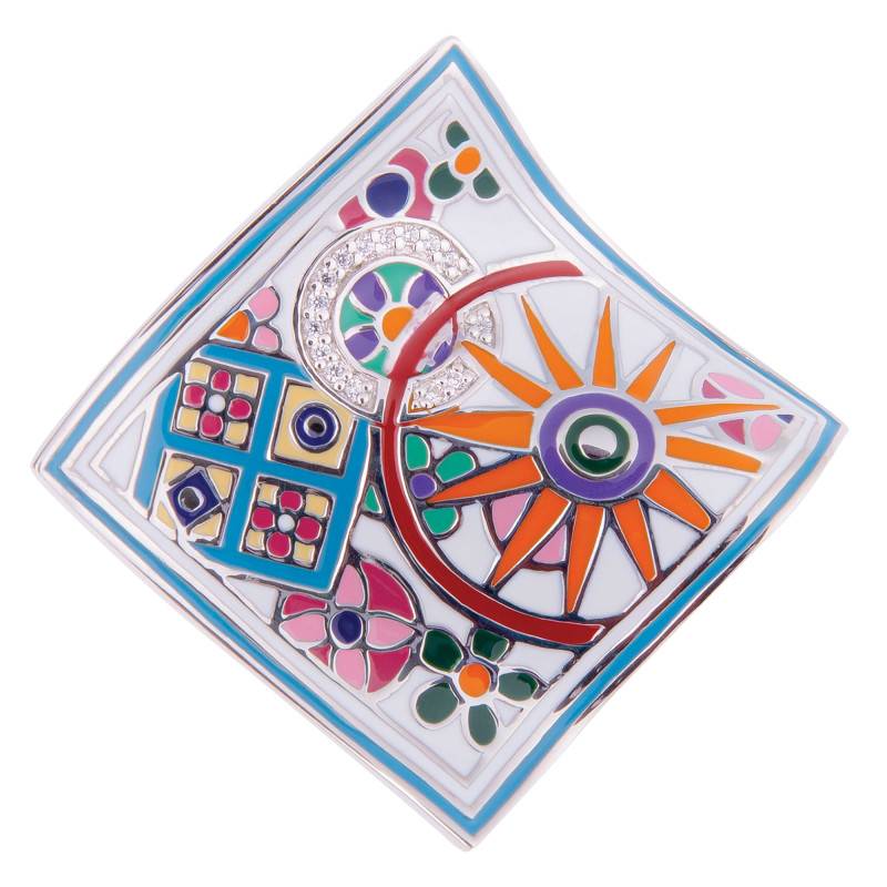925 Silver Multicolor Lacquer & White Zirconium Oxide Pashmina Pendant - Una Storia