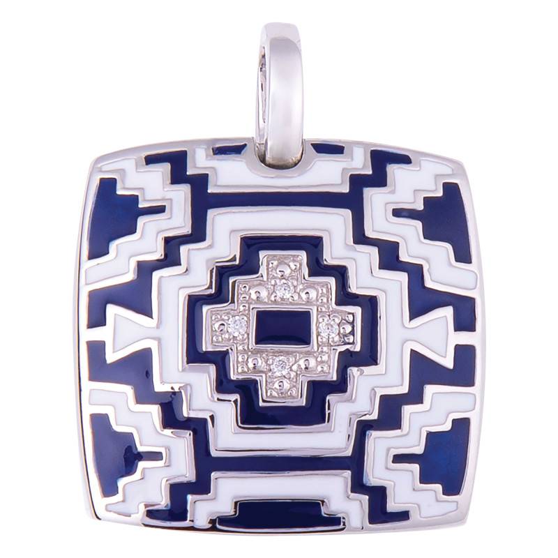 925 Silver Two-Tone Lacquer & White Zirconium Oxide Aztec Pendant - Una Storia