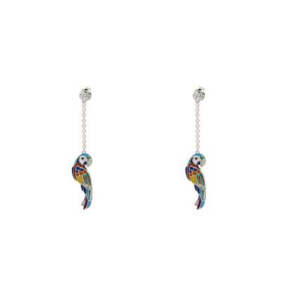 Boucles d'oreilles Lovebird en Argent 925, Laque Multicolore & Zircones Blanches - Una Storia