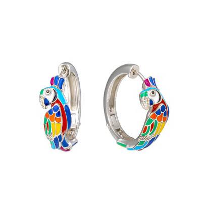 Créoles Loverbird en Argent 925, Laque Multicolore & Zircones Blanches, Diamètre 8 mm - Una Storia