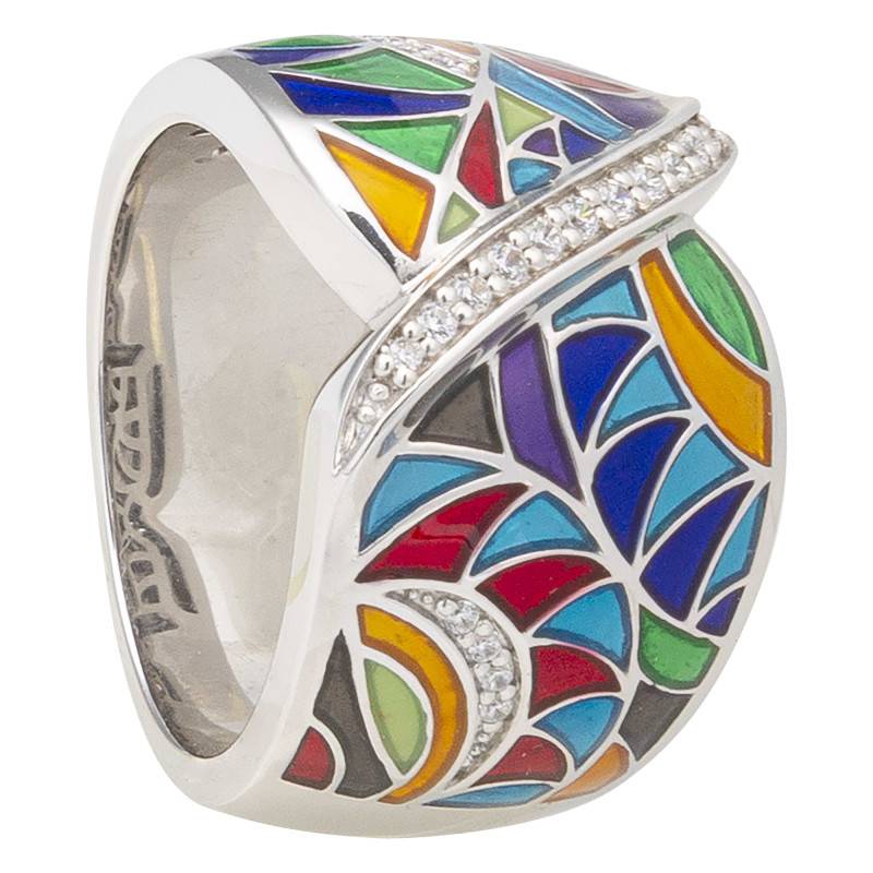 925 Silver Multicolor Lacquer & White Cubic Zirconia Riviera Ring - Una Storia