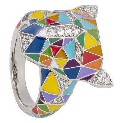 Bague Fauve en Argent 925, Laque Multicolore & Zircones Blanches - Una Storia