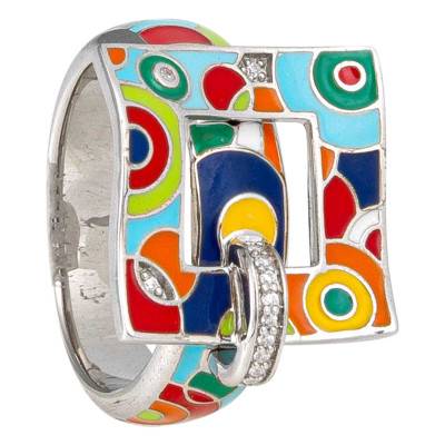 Bahia Ring in 925 Silver & Multicolor Lacquer and White Zirconium Oxides - Una Storia