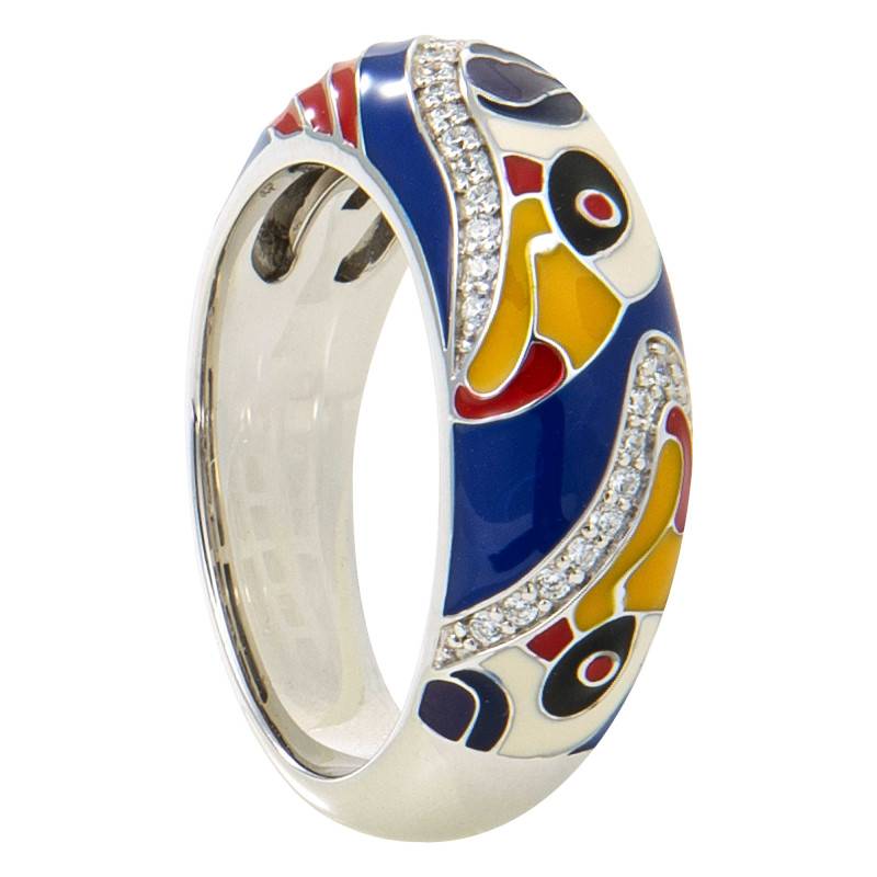 925 Silver White Cubic Zirconia & Multicolor Lacquer Toucan Ring - Una Storia