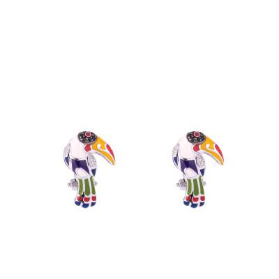 Boucles d'oreilles Toucan en Argent 925, Laque Multicolore & Zircones - Una Storia