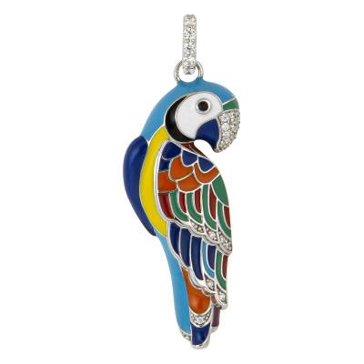 Pendentif Perroquet en Argent 925, Laque Multicolore & Zircones Blanches - Una Storia