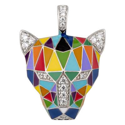 Pendentif Fauve en Argent 925, Laque Multicolore & Zircones Blanches - Una Storia