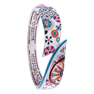 Bracelet Jonc Pashmina en Argent 925, Laque Multicolore & Zircones Blanches - Una Storia