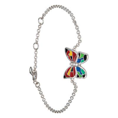 Bracelet Papillon en Argent 925, Laque Multicolore & Zircones Blanches, Longueur 17,50 cm - Una Storia