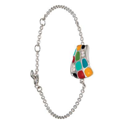 Bracelet Mosaïque en Argent 925, Laque Multicolore & Zircones Blanches, Longueur 17,50 cm - Una Storia
