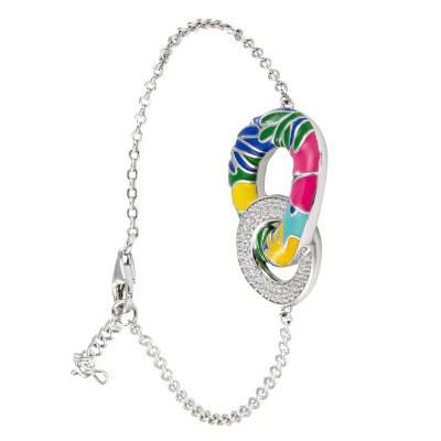 925 Silver & Multicolor Lacquer Fidji Bracelet with White Zircon Oxides, Length 16 cm to 18.50 cm - Una Storia