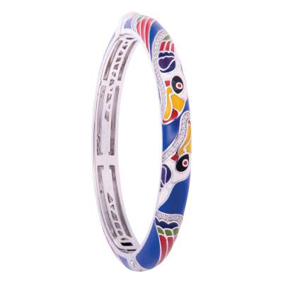 Bracelet Jonc Toucan en Argent 925, Laque Multicolore & Zircones Blanches - Una Storia