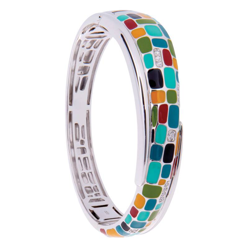 925 Silver & Multicolor Lacquer Mosaïque Bangle Bracelet with White Zircon Oxides - Una Storia
