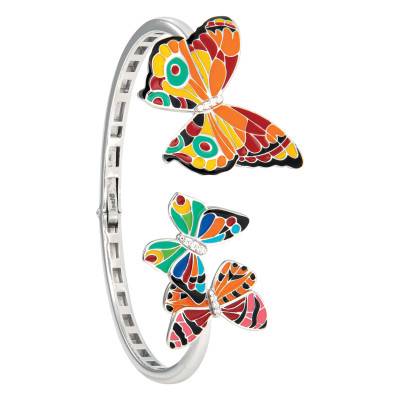 Bracelet Jonc Ouvert Papillon en Argent 925, Laque Multicolore & Zircones Blanches - Una Storia