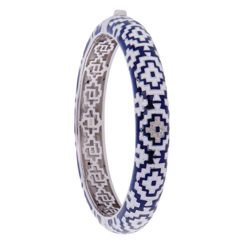 925 Silver & Bicolor Lacquer Aztec Bangle Bracelet with White Zircon Oxides - Una Storia