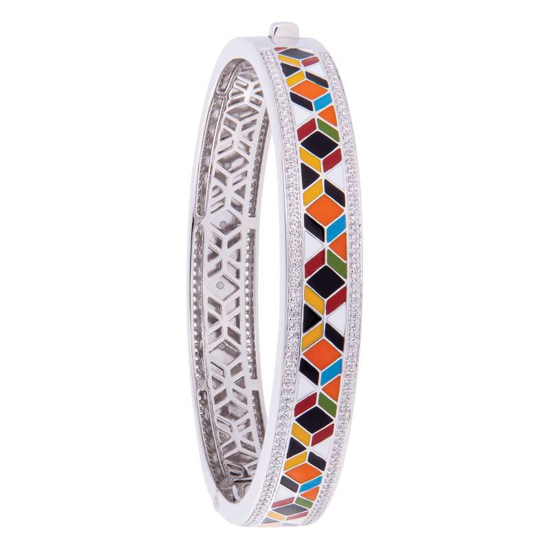 925 Silver & Multicolor Lacquer Siena Bangle Bracelet with White Zircon Oxides - Una Storia