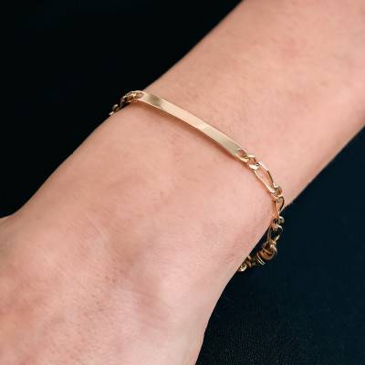 18K Yellow Gold Alternating Oval Link Chain ID Bracelet, 20 cm Length, Width from 3 mm to 8 mm - Emanessence
