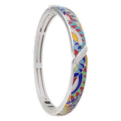 925 Silver, Multicolor Enamel & White Zirconia Riviera Bangle Bracelet - Una Storia