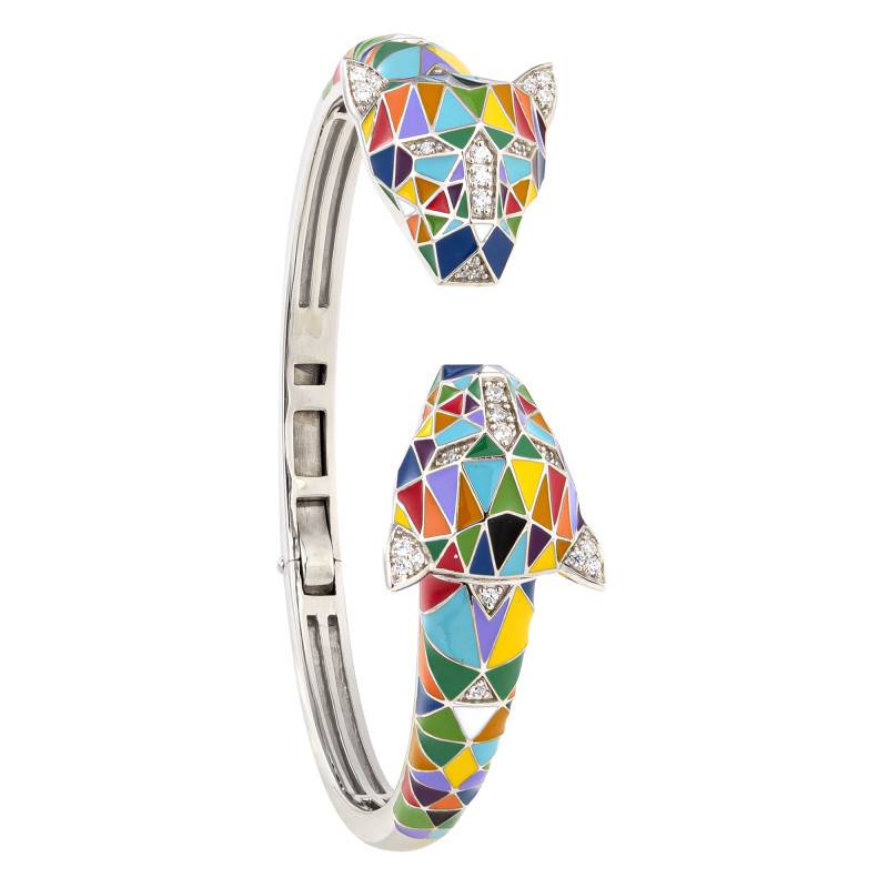 Open Bangle Fauve in 925 Silver & Multicolor Lacquer and White Zirconium Oxides - Una Storia