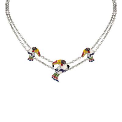 Collier Toucan en Argent 925, Laque Multicolore & Zircones Blanches, Longueur 42 à 46 cm - Una Storia