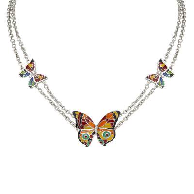 Collier Papillon en Argent 925, Laque Multicolore & Zircones Blanches, Longueur 42 à 46 cm - Una Storia