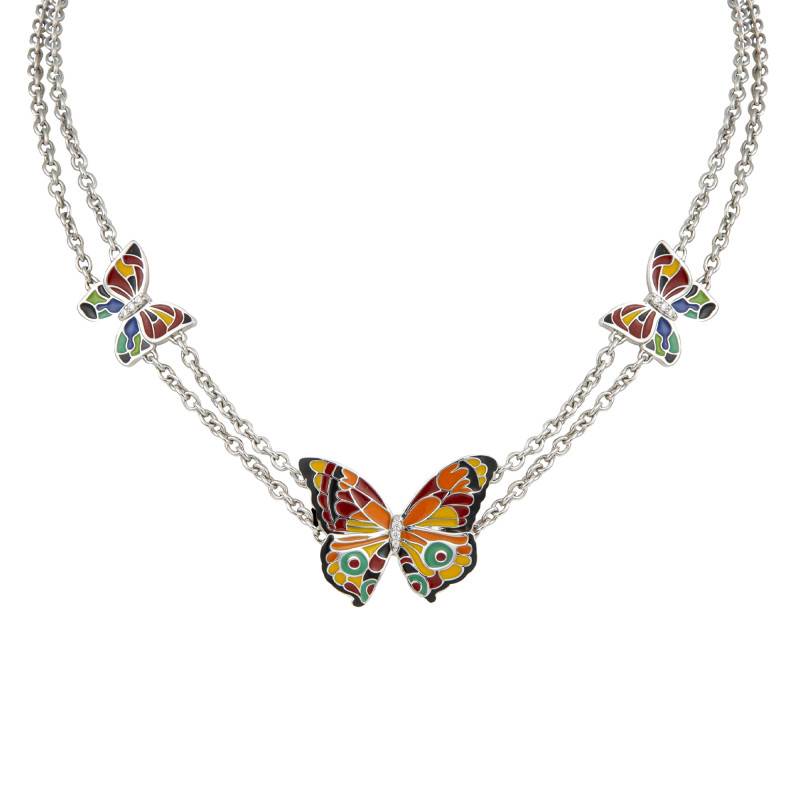 925 Silver & White Cubic Zirconia Butterfly Necklace with Multicolored Lacquer, Length 42 cm to 46 cm - Una Storia