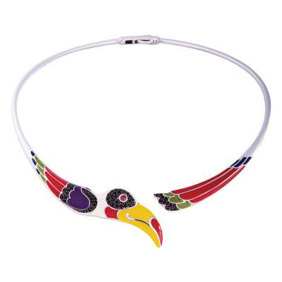 925 Silver, White Zirconia & Multicolor Lacquer Toucan Torque Necklace - Una Storia
