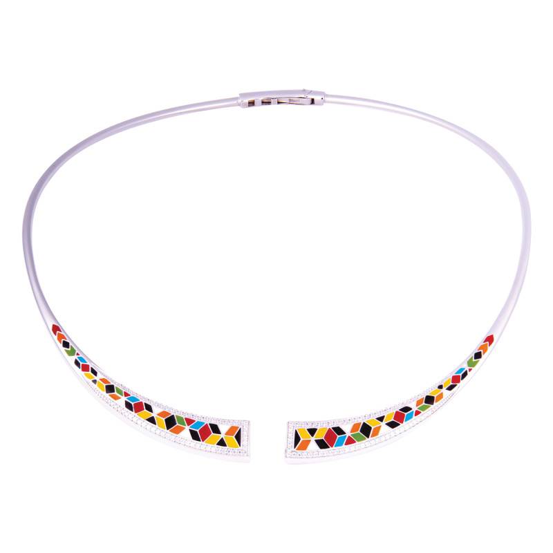925 Silver, White Zirconia & Multicolor Enamel Siena Torque Necklace - Una Storia