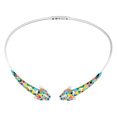 Fauve 925 Silver Torque Necklace With White Zirconium Oxides & Multicolor Enamel - Una Storia