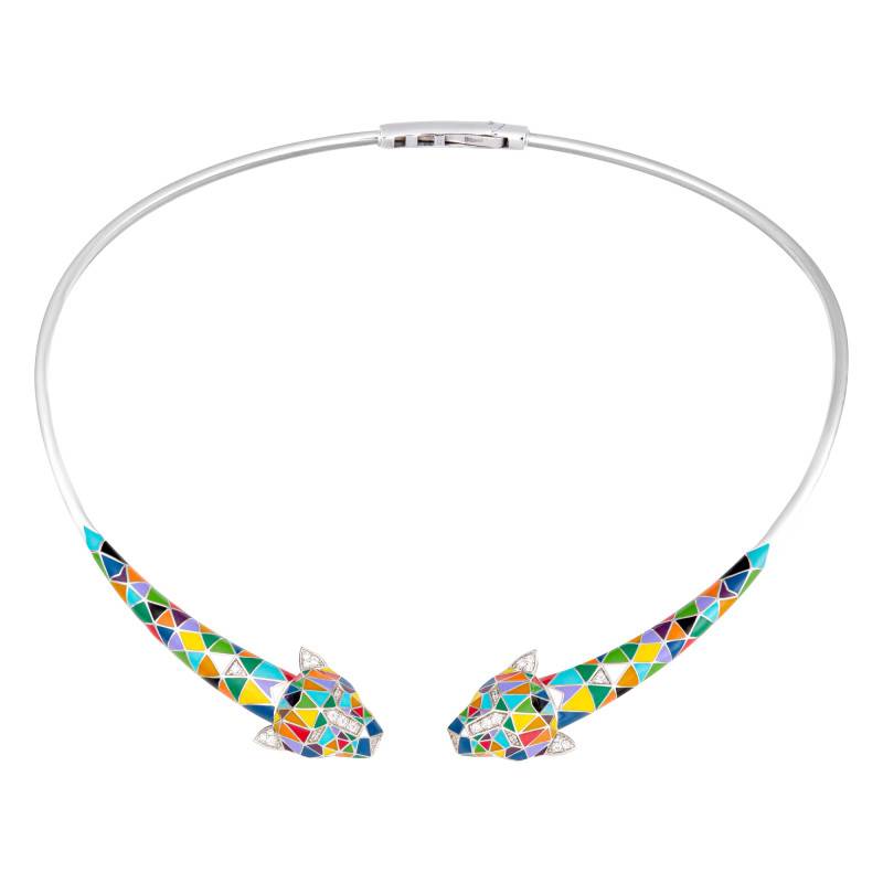 Fauve 925 Silver Torque Necklace With White Zirconium Oxides & Multicolor Enamel - Una Storia