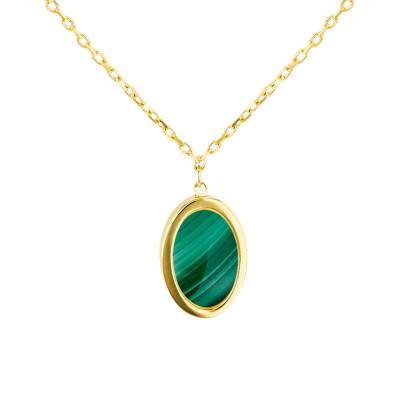 Collier Malachite Ovale en Or Jaune 375, Longueur 41 à 46 cm - Aurora